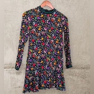 Zara Trafaluc Dark Floral Crew Neck Long Sleeve Ruffle-Hem Mini Shift